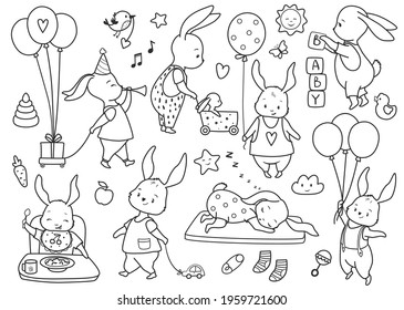 Cute little bunny set, kids coloring page. Hand drawn vector illustration. Black and white clip art.