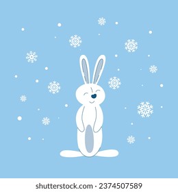 Cute little bunny sits under falling snow. Winter baby card with hare. White rabbit character and snowflakes, vector illustration