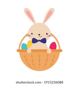 Cute Little Bunny Sitting in Basket with Colorful Eggs, Adorable Pink Easter Rabbit, Easter Egg Hunt Card, Poster, Invitation Template Cartoon Style Vector Illustration