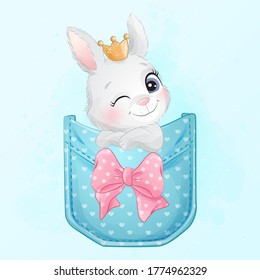 Cute little bunny sitting inside pocket illustration