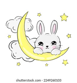 Cute little bunny sitting on cloud. Cartoon animal character for kids t-shirt, nursery decoration, baby shower, greeting cards, invitations, house interior. Vector stock illustration