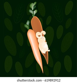 Cute little bunny sleeping in a carrot isolated over green. Vector illustration