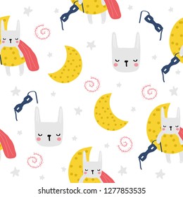 Cute little bunny sleeping on the moon seamless pattern. Baby bedtime print. Vector hand drawn illustration.