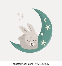 Cute little bunny sleeping on the moon. Cartoon hare Illustration.