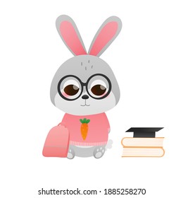 Cute little bunny studying in school, sitting with backpack, animal education concept for kids in cartoon style, adorable student