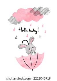 Cute little bunny and umbrella. Baby shower card design.  Vector illustration with rabbit.