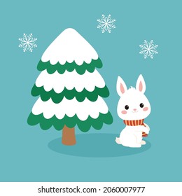 Cute little bunny under the Christmas tree. Vector illustration