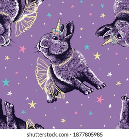 Cute little bunny in unicorn horn and skirt. Seamless pattern. Vector illustration