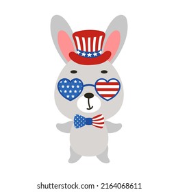 Cute little bunny in USA patriotic hat and glasses. Cartoon animal character for kids t-shirt, decoration, baby shower, greeting card, invitation, house interior. Vector stock illustration