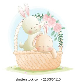 Cute little bunny in the wicker basket