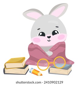 A cute little bunny wrapped in a blanket. The baby is warming up. Is sitting. Vector illustration of drawings, prints and patterns.