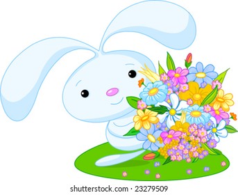 Cute little bunny-boy giving a bouquet