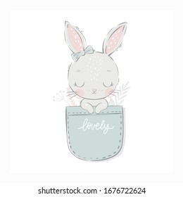 Cute little buny in the shirt pocket - vector illustration. Fun print for baby with character Bunny. 