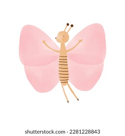 Cute Little Butterfly. Lovely Nursery Vector Art with Sweet Happy Butterfly with Pastel Pink Wings on a White Background. Hand Drawn Cartoon of Dancing Bug ideal for Card, Wall Art, Poster.