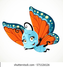 Cute little Butterfly with red and blue wings fly on white background