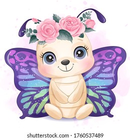 Cute little butterfly with watercolor illustration