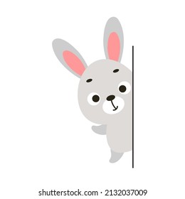 Cute little buuny peeking around the corner on white background. Cartoon animal character for kids cards, baby shower, invitation, poster, t-shirt house interior. Vector stock illustration.