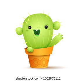 cute little cactus in a pot waving hand. character on a white background