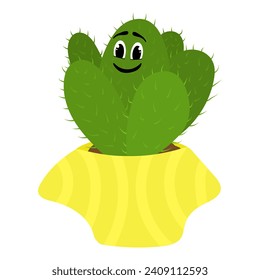 Cute little cactus in yellow pot. Smiling prickly character. Home succulent with big eyes and smile. Cartoon style. Illustration for printing. Isolated on white background.