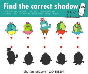 Cute little Cactus,Find the correct shadow. Educational game for children, Shadow Matching Game for kids, Visual game for kid. Connect the dots picture,Education Vector Illustration.