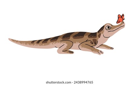 Cute little caiman with butterfly. Dwarf crocodile. Amusing baby reptile with patterned skin. Adorable cub of river animal. Exotic amphibian. Flat isolated vector illustration on white background