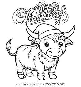 cute little calf wearing santa hat for christmas celebrations outline illustration for kids coloring book page