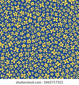 Cute little calico flowers seamless repeat pattern. Random placed, vector floral botany aop all over surface print on dark blue background.