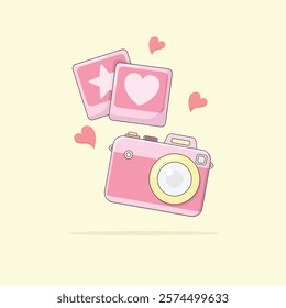 Cute Little Camera with Two Photos. Memories Cartoon Vector Illustration.