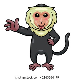 Cute little capuchin monkey cartoon waving hand
