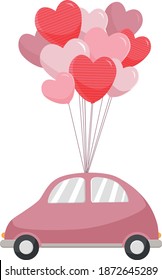 Cute little car with balloons in the shape of a heart. Vector illustration in cartoon style.