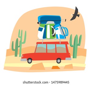 Cute little car carries a bunch of backpacks and travel bags in the desert. Vector full color graphics