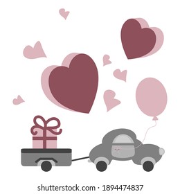 Cute little car with its trailer carrying a big gift. Little hearts raspberry color. Transparent background. Vector illustration.