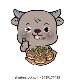 Cute Little Carabao Eating Takoyaki. Flat Design. Kawaii Cartoon Style