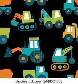 Cute little cars, truck. Cartoon cars adventures. Flat vector seamless pattern