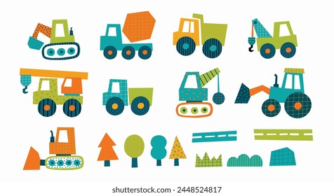 Cute little cars, truck. Cartoon cars adventures. Flat vector illustrations