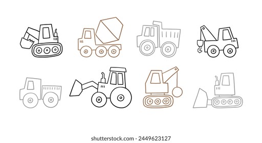  Cute little cars, truck. Cartoon cars outline. Flat vector illustrations isolated on white background