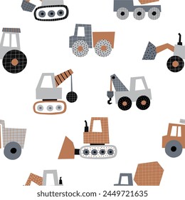 Cute little cars, truck. Cartoon cars adventure. Flat vector seamless pattern