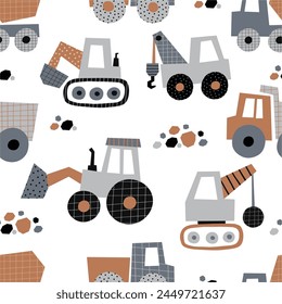 Cute little cars, truck. Cartoon cars adventure. Flat vector seamless pattern