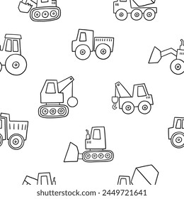 Cute little cars, truck. Cartoon cars adventure. Flat vector seamless pattern