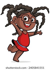 Cute little cartoon african or arab girl  wearing red dress. Vector illustration of a teenager kid. Isolated
