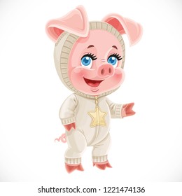 Cute little cartoon baby pig in a warm hooded overalls stand on a white background