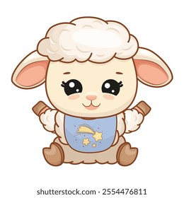 Cute little cartoon baby sheep in bib sitting illustration in flat style. Vector illustration for poster, greeting card and kids design.