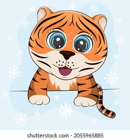 Cute little cartoon baby tiger isolated on a blue background. Vector illustration
