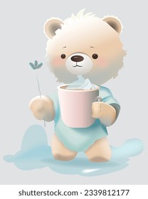 Cute little cartoon bear drinking a mug of hot drink,vector illustration