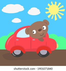 Cute little cartoon bear riding in a car on the road