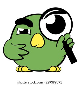 Cute little cartoon bird with a magnifying glass