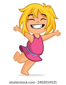 Cute little cartoon blond girl  smiling and dancing. 
Vector illustration of a teenager female wearing dress. Isolated