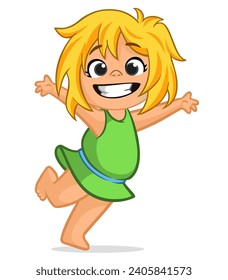 Cute little cartoon blond girl  smiling and dancing. 
Vector illustration of a teenager female wearing dress. Isolated