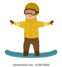 Cute little cartoon boy snowboarding. Winter entertainment activity on snowboard, flat style isolated on white. Vector illustration.