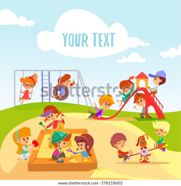 遊び場で遊ぶかわいい小さな漫画の少年少女たち スライドで遊ぶ子どもたち 砂場で ベクターイラスト のベクター画像素材 ロイヤリティフリー